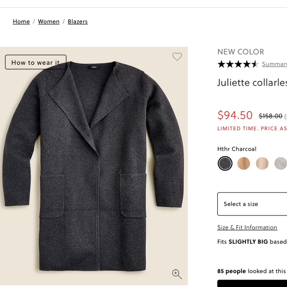 NWT * J.Crew *Juliette Collarless Blazer* Charcoal Gray * XS